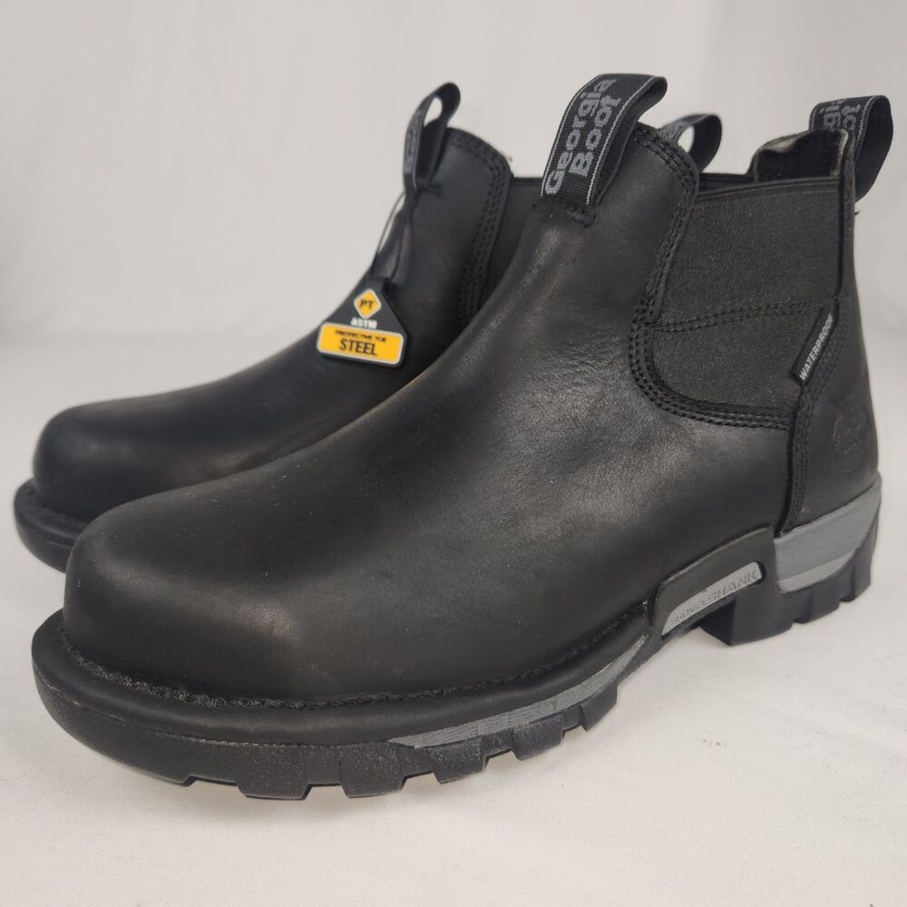 Georgia Boot Mens 8W Steel Toe Waterproof Pull On Work Boots Black EH